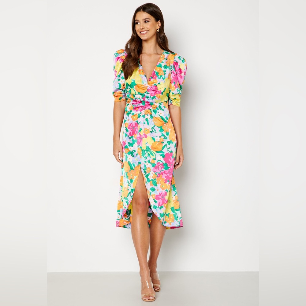 Vila Clothes Johanna Midi Dress Fuchsia Pink Floral 40 NWT